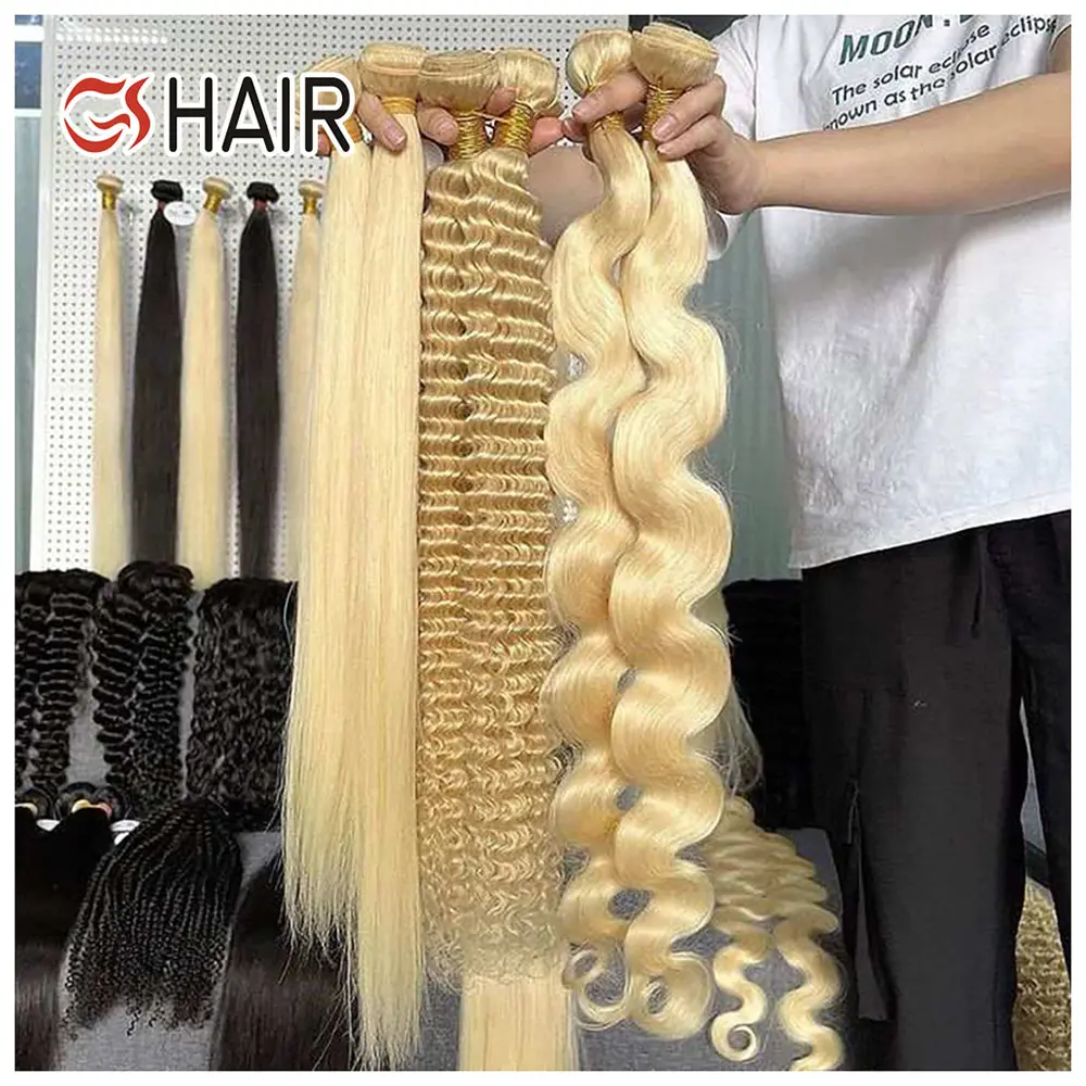 GS Wholesale Paquets de cheveux humains indiens 12A, cheveux blonds style brut birman bouclés, 613 paquets de cheveux pour femmes noires