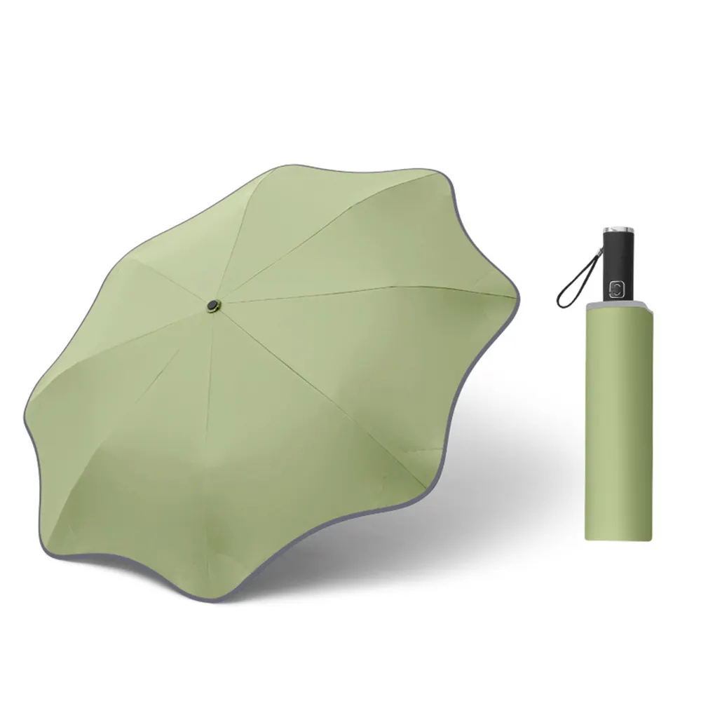Fabrika tasarımcı toplu güneşlik otomatik rüzgar geçirmez özelleştirilmiş, 10K ahşap saplı Paraguas kompakt yağmur katlanır şemsiyeler/