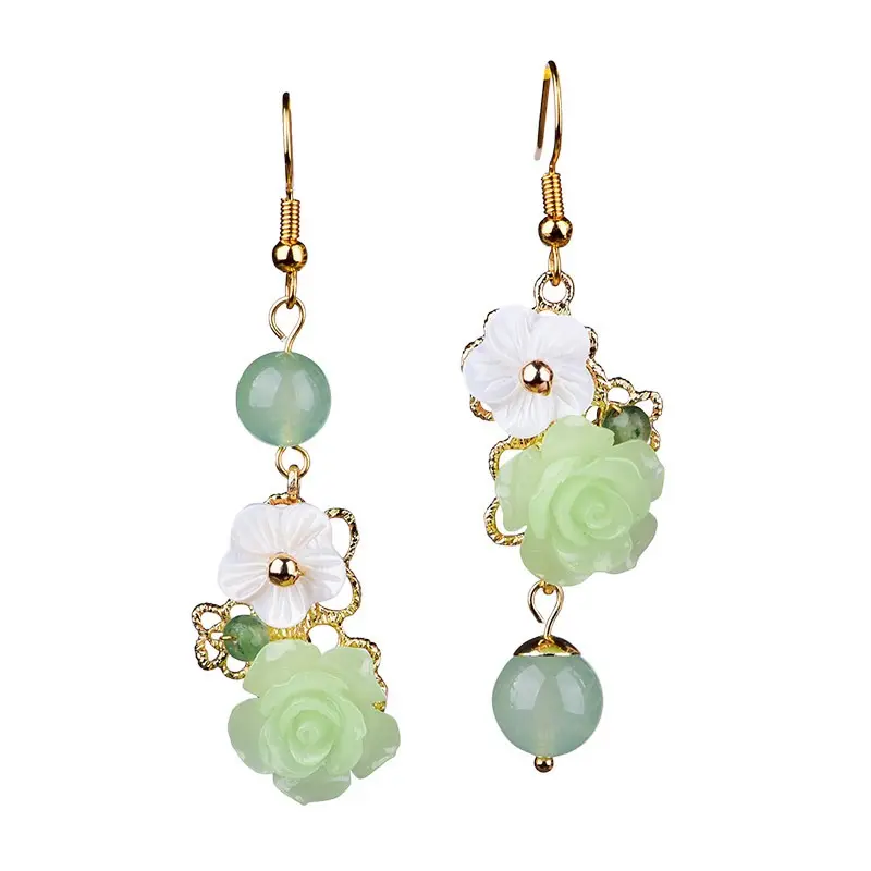 Brincos assimétricos jade chalcedony, novo estilo de personalidade, acessórios de brincos de estilo vintage, flor de verão e09