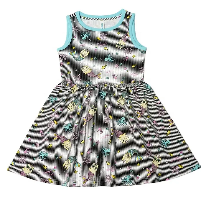 Vestido de menina sem mangas com listras, vestido com estampa de desenho animado oceano meninas