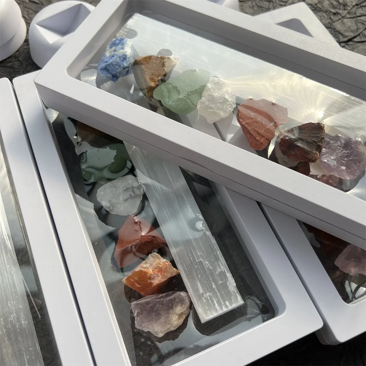 Natural Crystal Gift Set of Seven Chakra Healing Stones Crystals in Raw Stone and Plaster Strips
