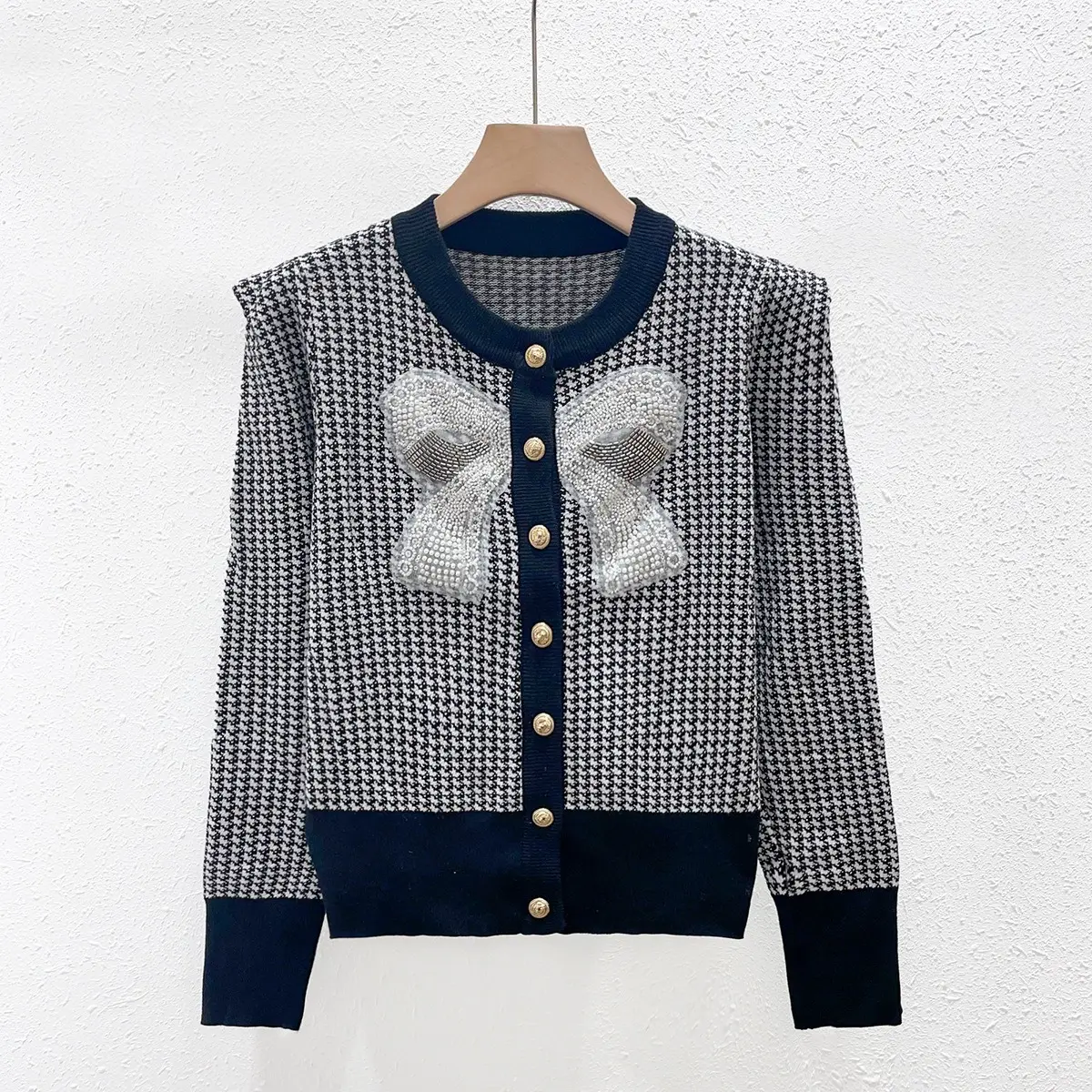 Beading and Sequins Bow Knot Decoration Knitted Cardigan Jacquard Knitwear Women's Sweater