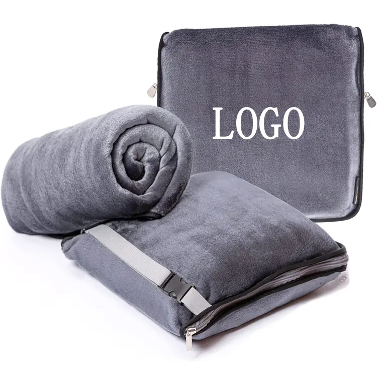 Cobertor de viagem para airline, cobertor portátil de pelúcia com zíper para transporte, travesseiro dobrável 2 em 1