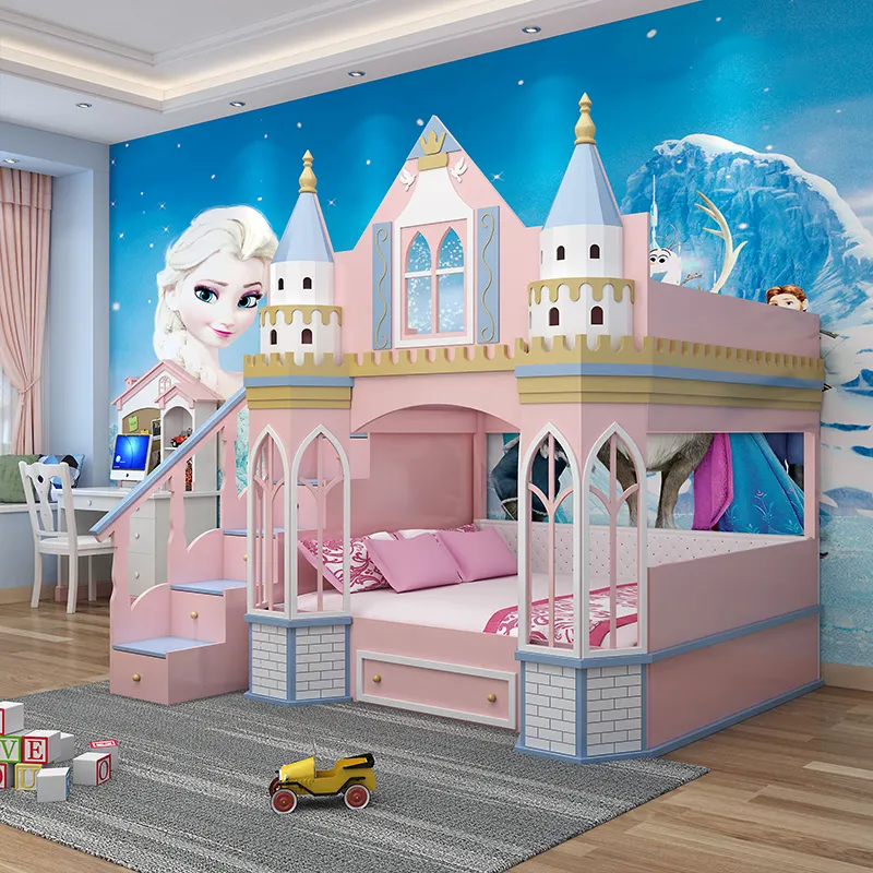 Litera de Castillo de princesa para niños, cama de colores para hotel y villa, uso rosa con tobogán