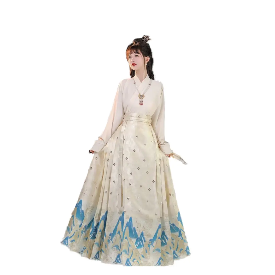 Fille nouveau Style grillage printemps automne fleur lune Panorama rivières montagnes dynastie Ming tissé or cheval visage jupe Hanfu ensemble