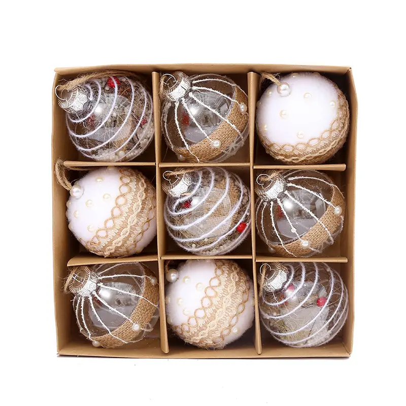 Bola de vidro soprado de 8cm, 9 peças/conjunto, 3.15 polegadas, bola de pendurar com neve dentro, corda padrão envolvido, decoração de natal, família, decorações, interiores