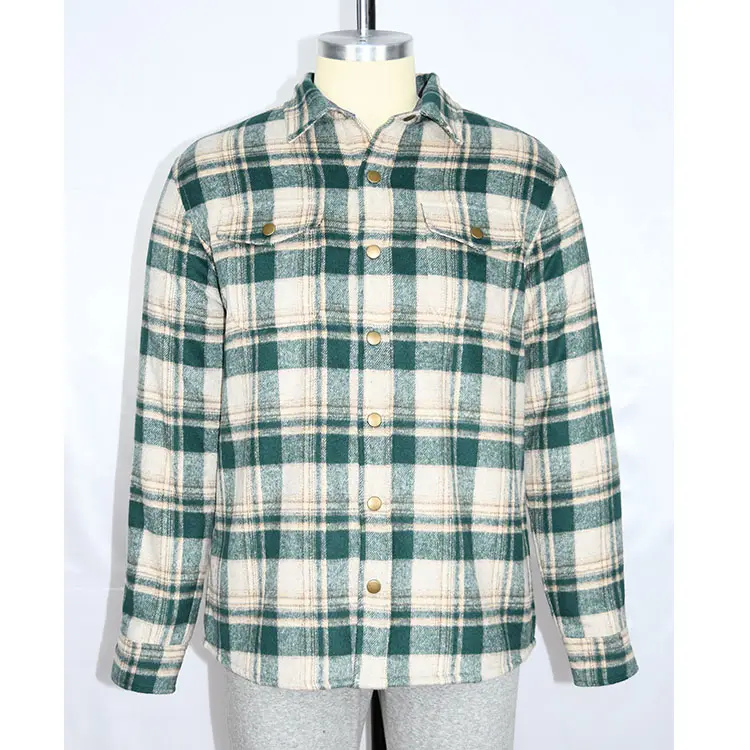 MENS PESANTE INVERNO CAMICIA IN PESANTE TESSUTO POLY FLANELLA di LANA E FODERATO CON MORBIDO SHERPA VERDE GEIGE PLAID