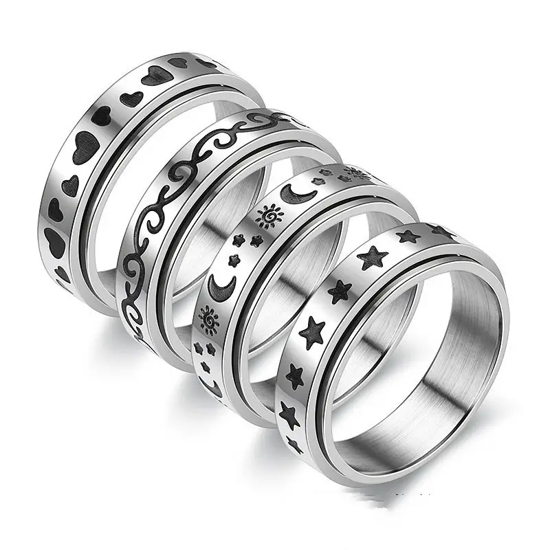 2021 moda argento placcato oro Spinner anello luna stella cuore Cat Fidget in acciaio inox ruotare Anti ansia anello