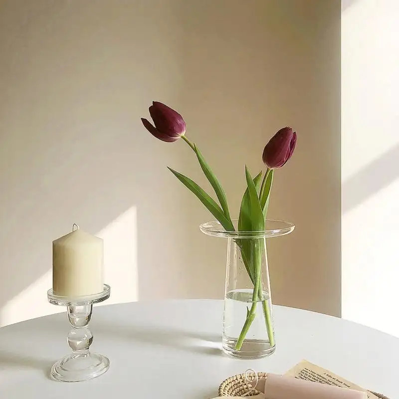 Ornements d'art japonais à bouche plate simplifiée et épaissie Petit vase en verre à arrangement de fleurs à bouche