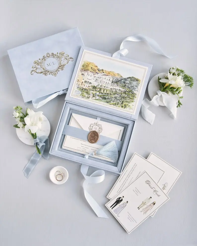 Logo personalizzato Nappa di seta polverosa di lusso blu foglio d'oro stampa scatola di invito di nozze di velluto con carte in acrilico