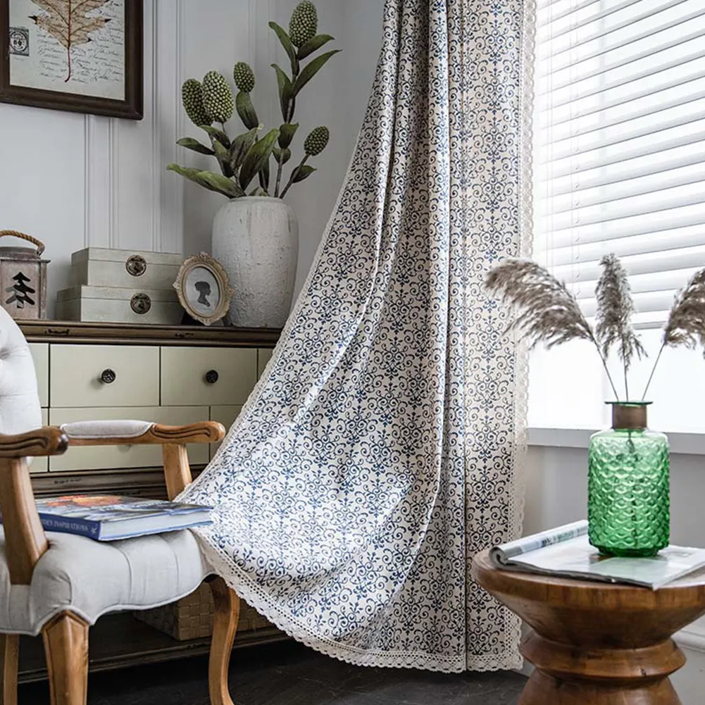 Cortinas florales impresas con borlas Sala de estar Cortinas al aire libre Ventana pequeña Telas de lino Cenefa de puerta de cocina