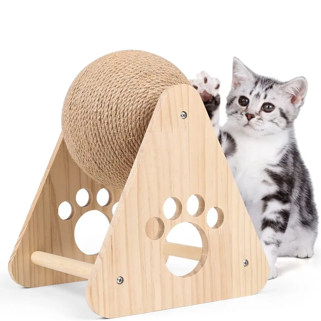 Holz Cat Scratcher Toy, eingebaute Bell Natural Sisal Cat Scratching drehbare Kugel für Scratch Cats & Kittens Pet