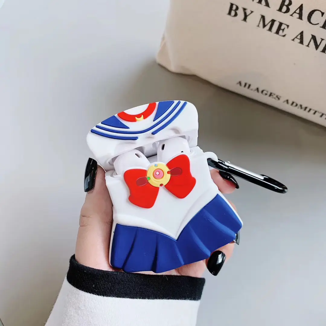 Hot Sale 3D Cartoon Sailor Moon Suit Design Earphone Case with Clip for Airpods 1/2 Cute Anime Style Cover for Apple Airpods