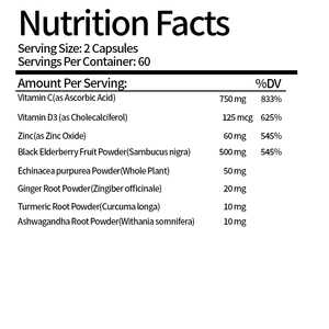 แคปซูลเสริมภูมิคุ้มกัน Elderberry 8-in-1สูตร Echinacea วิตามินซีขมิ้นสังกะสีขิง ashwagandha ไม่สำหรับหญิงตั้งครรภ์ - Product Image 2
