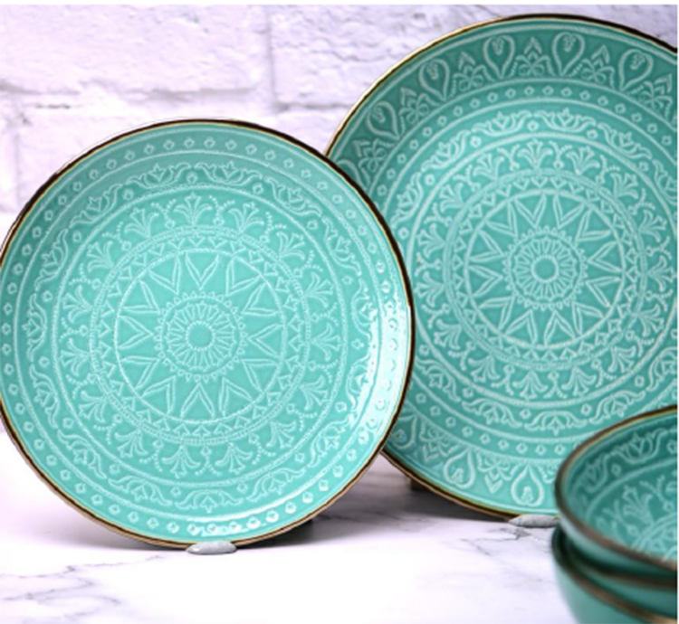 Hot sale Blue Green Brown PAD Printing Stoneware 18PCS Dinnerware Set luxury ceramic dinner set dinnerware for home