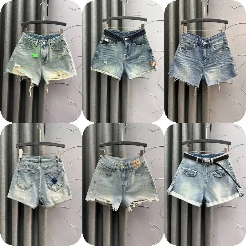 Short en jean de haute qualité fabriqué en usine personnalisé pour dames avec impression en croix taille haute jambe large Jeans courts sexy avec ceinture pour femmes