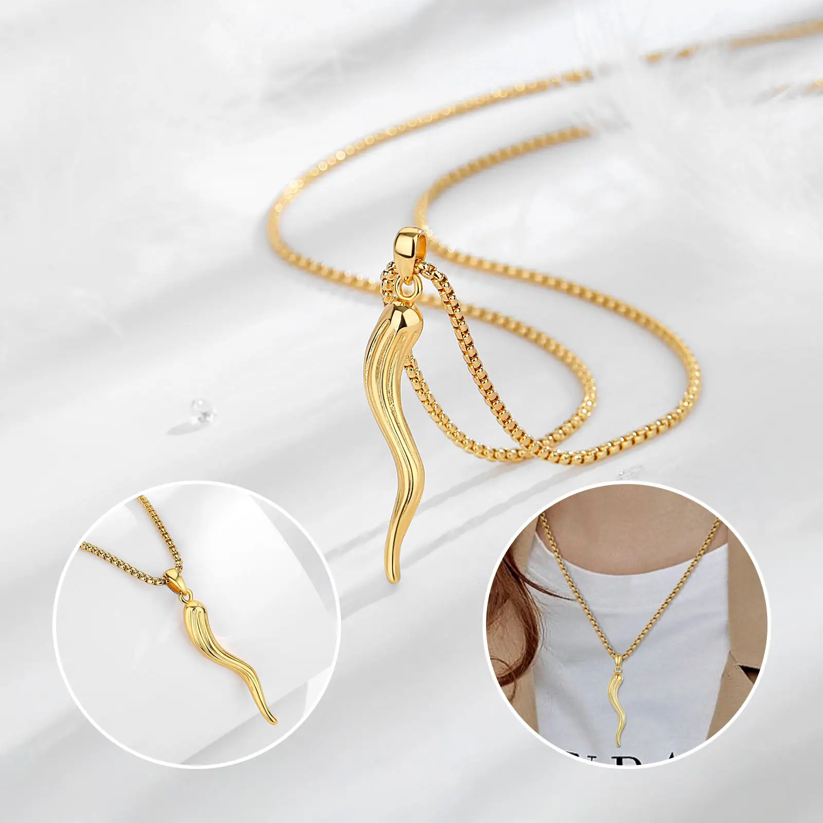 Changda Lucky Pendant Protection Amulet Jewelry Cornicello 18K Chapado en oro Buffalo Collar de cuerno italiano para mujer