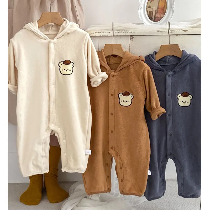 Mono con capucha de invierno para niños, oso de dibujos animados, felpa cálida, mameluco de manga larga para recién nacidos, ropa de bebé de alta calidad