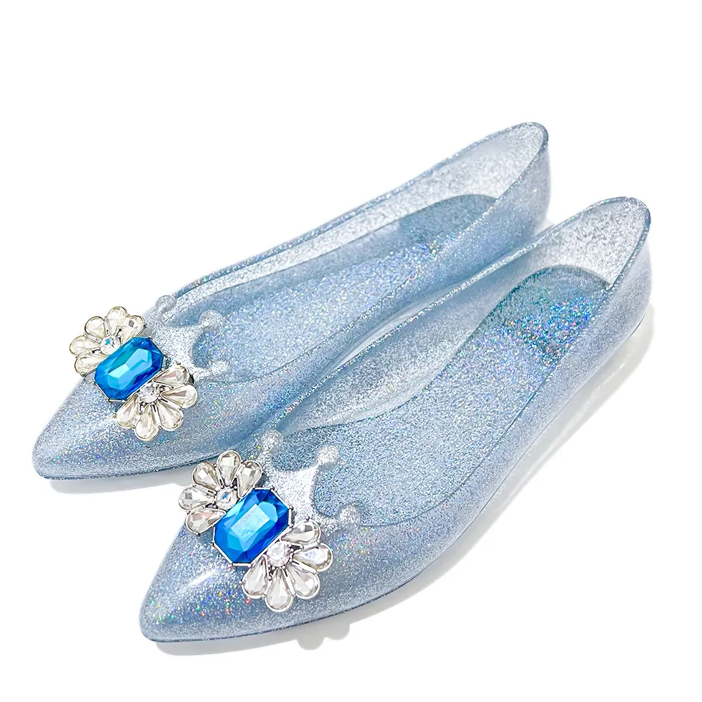 Sapatos baixos de balé de gelatina congelada azul espumante para mulheres atacado sapatos de PVC de cor verde com laço de coroa de diamante