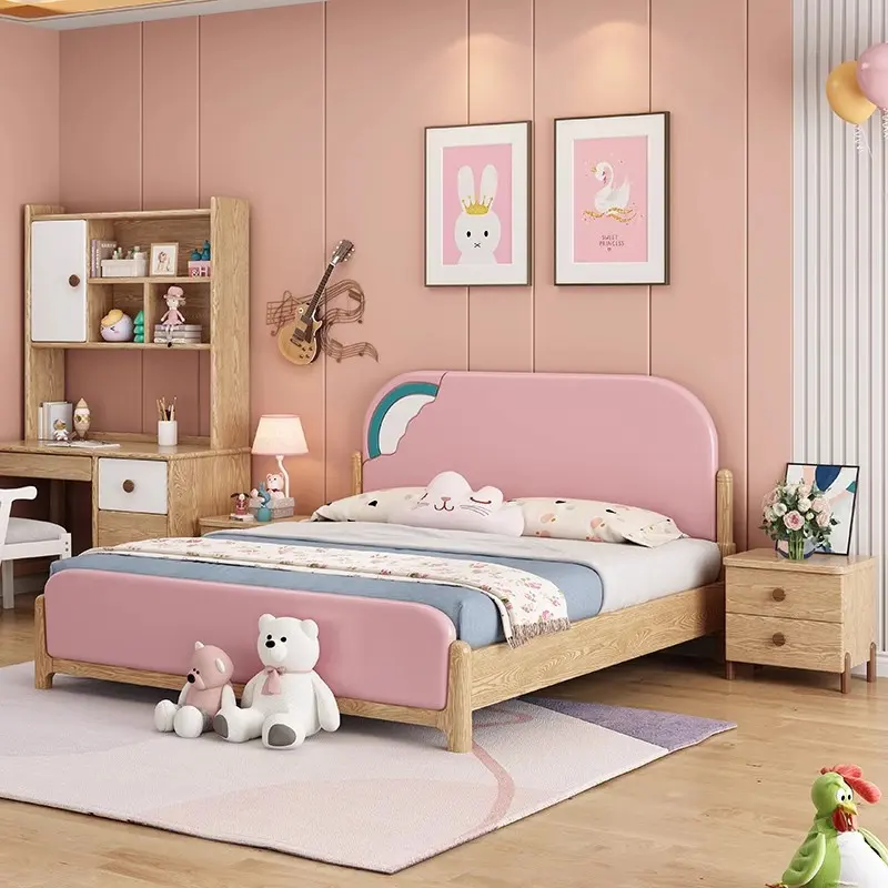 China House Wooden Single Fancy Modern Tapizado Princess Cama de madera maciza para niños para niñas Rosa