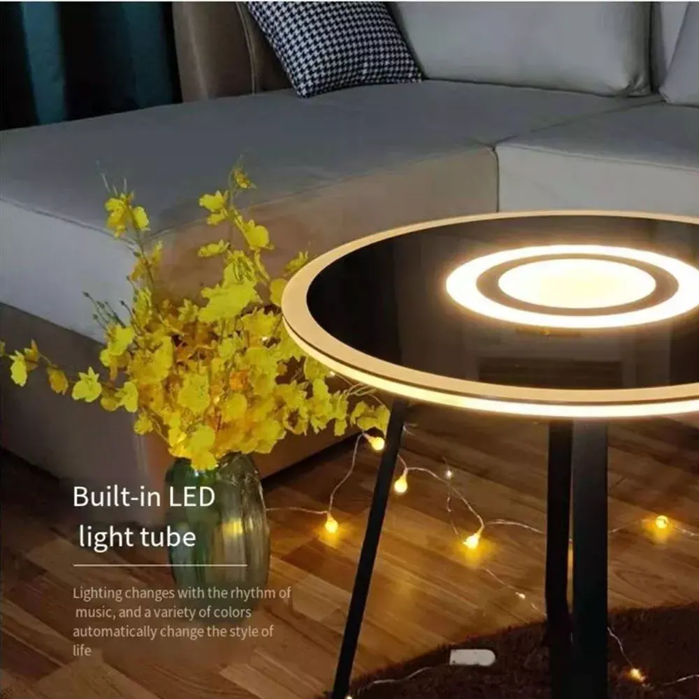 Amazon Shopify Ebay Dropshipping Bijzettafel Koffie Sofa Meubilair Decoratieve Ronde Hoek Speaker Tafel Met Rgb Led Nachtlampje