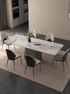 Italiano Minimalista De Mármore Mesa De Jantar Simples Moderno Retangular High-<span class=keywords><strong>end</strong></span> Designer Light Slate Mesa De Pedra De Luxo E Cadeira