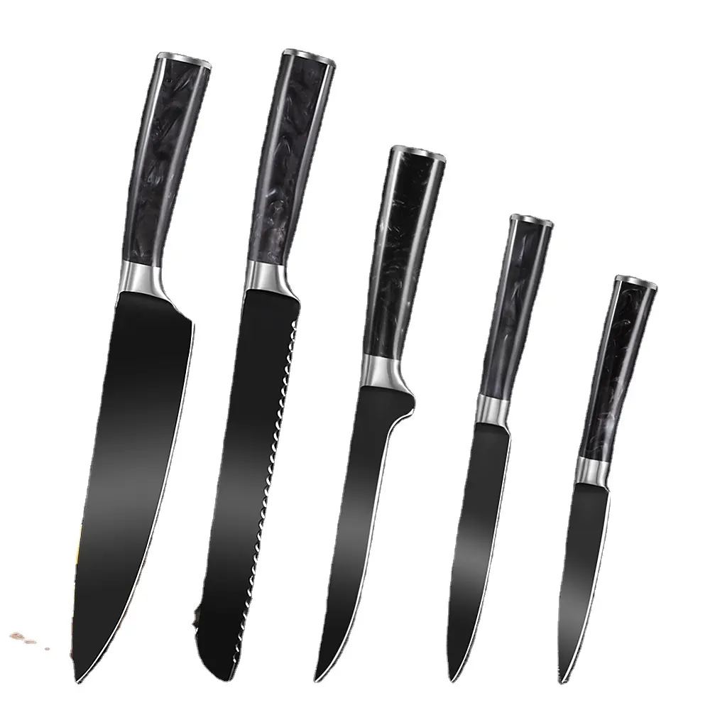 गर्म बेच 5pcs स्टेनलेस स्टील गैर छड़ी कोटिंग रसोई के चाकू सेट के साथ राल संभाल santoku और क्लीवर चाकू