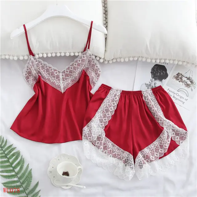 Conjunto de pijama Sexy de seda satinada para mujer, ropa de dormir de encaje, lencería