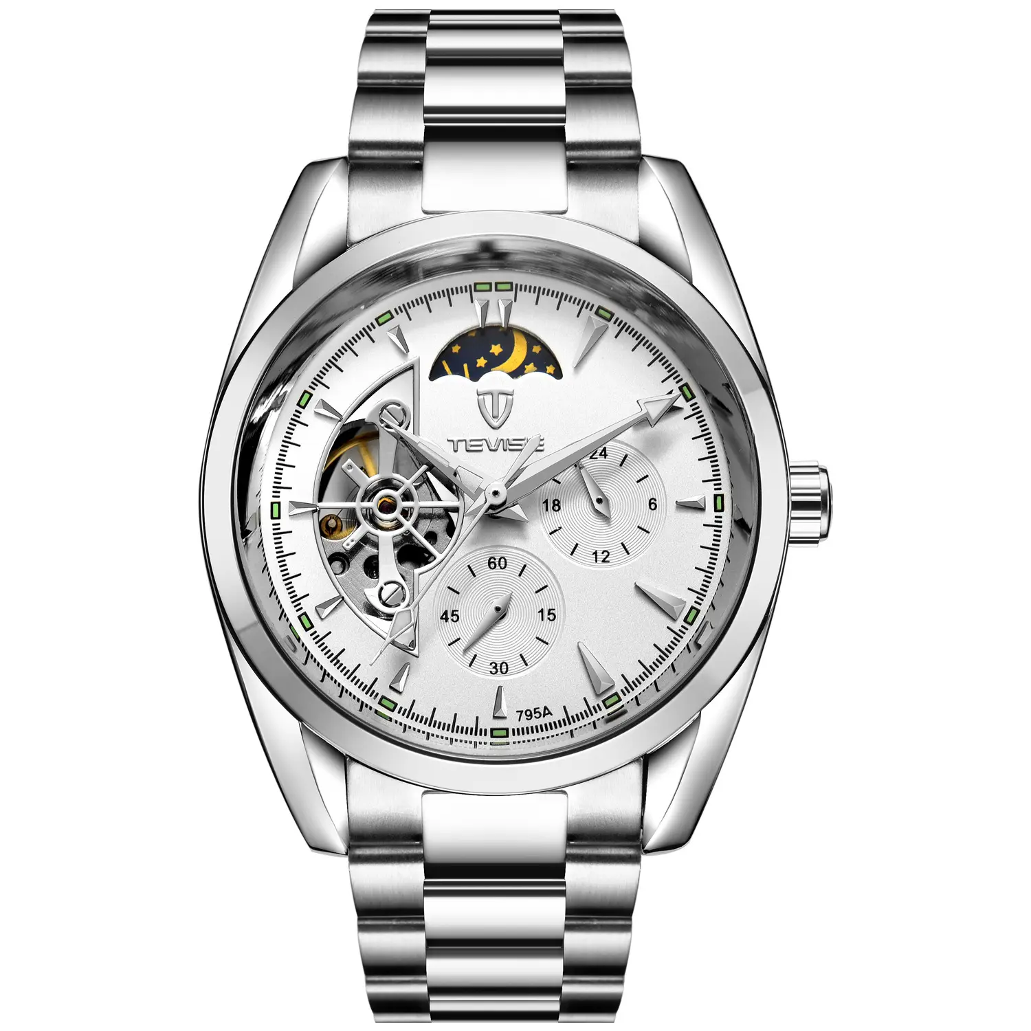 Tevises 795A tevises สายรัดหนังทำมือใสแนวสปอร์ตสายสแตนเลสนาฬิกาข้อมือผู้ชาย