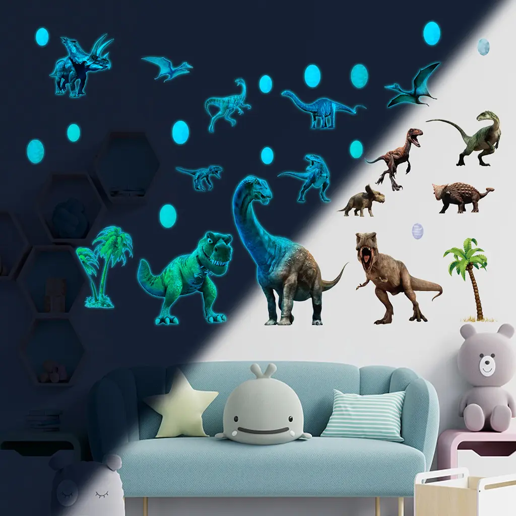 Nimicro dinossauro adesivos de parede, decoração vinil para quarto e sala de estar, brilha no escuro, para meninos e meninas