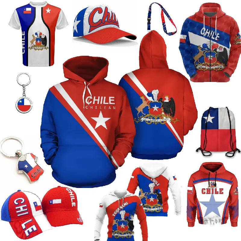 Sudaderas con capucha de la bandera de Chile Sombrero de béisbol Collar Pendiente Gorras de la bandera de Chile Bolsa Argentina Jersey Camiseta Sudaderas con capucha Pulsera Chaqueta