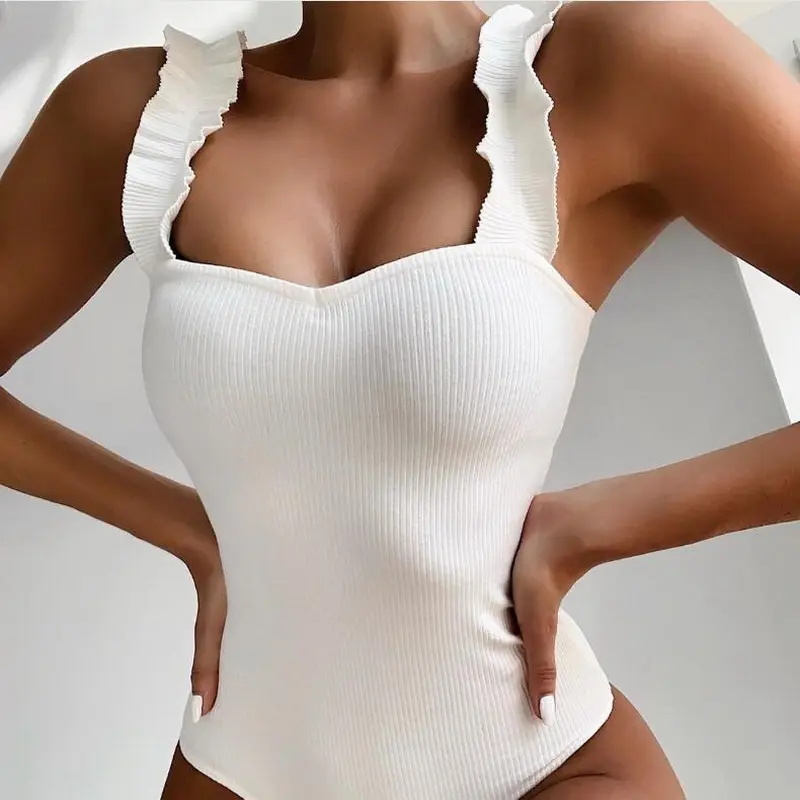 सबसे अच्छा बेच 2022 महिलाओं बिकनी ठोस शुद्ध सफेद रंग फीता कंधे Backless सेक्सी एक टुकड़ा Swimwear के