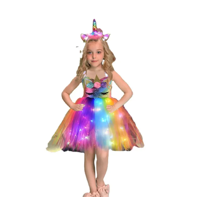 Robe de soirée princesse, fête d'anniversaire, Halloween, noël, licorne, lumière LED, robe Tutu pour enfants