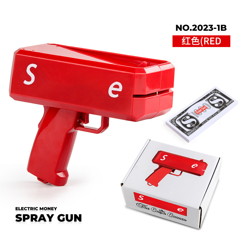 Pistola de pulverización de dinero rojo con palabras SM + 100 hojas de papel moneda