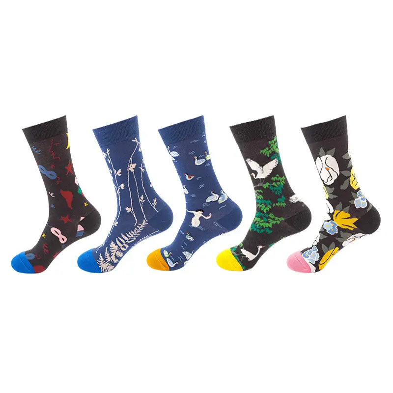 Hss — chaussettes pour hommes, tendance, personnalisées, Style Harajuku, 5 couleurs, à motif de fleurs et d'oiseaux, livraison gratuite, 2021