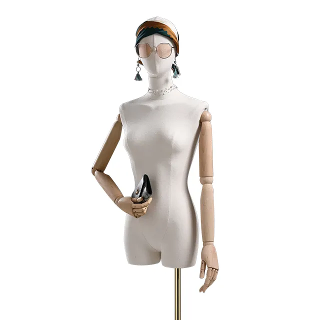 Fashion Etalage Vrouwelijke Mannequin Bovenlichaam Stof Bedekt Vrouwelijke Mannequin Half Body Torso Mannequin Met Houten Arm