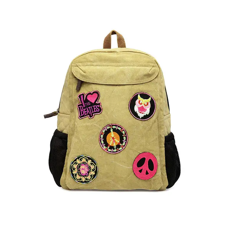새로운 디자인 무료 샘플 전문 여성 배지 장식 노란색 캔버스 노트북 배낭 가방