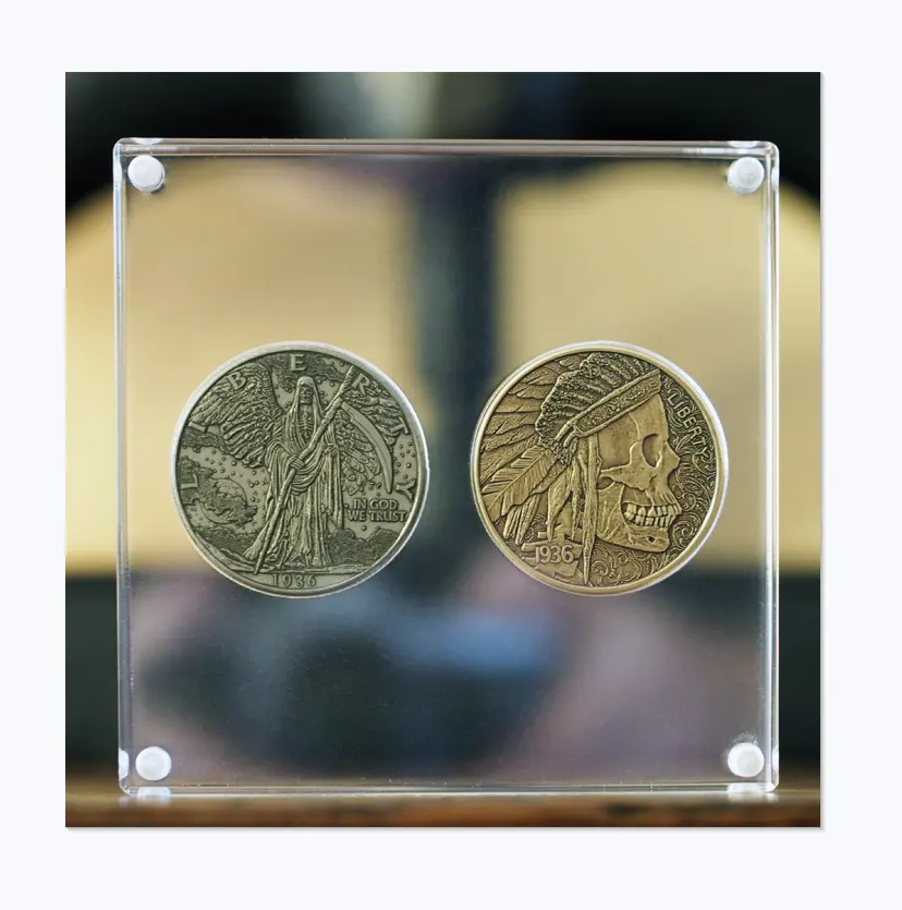 Clear Perpsex 39mm 4 3 2 coin Display Block Logo personalizzato acrilico DOP coin Dead on Paper coins espositore