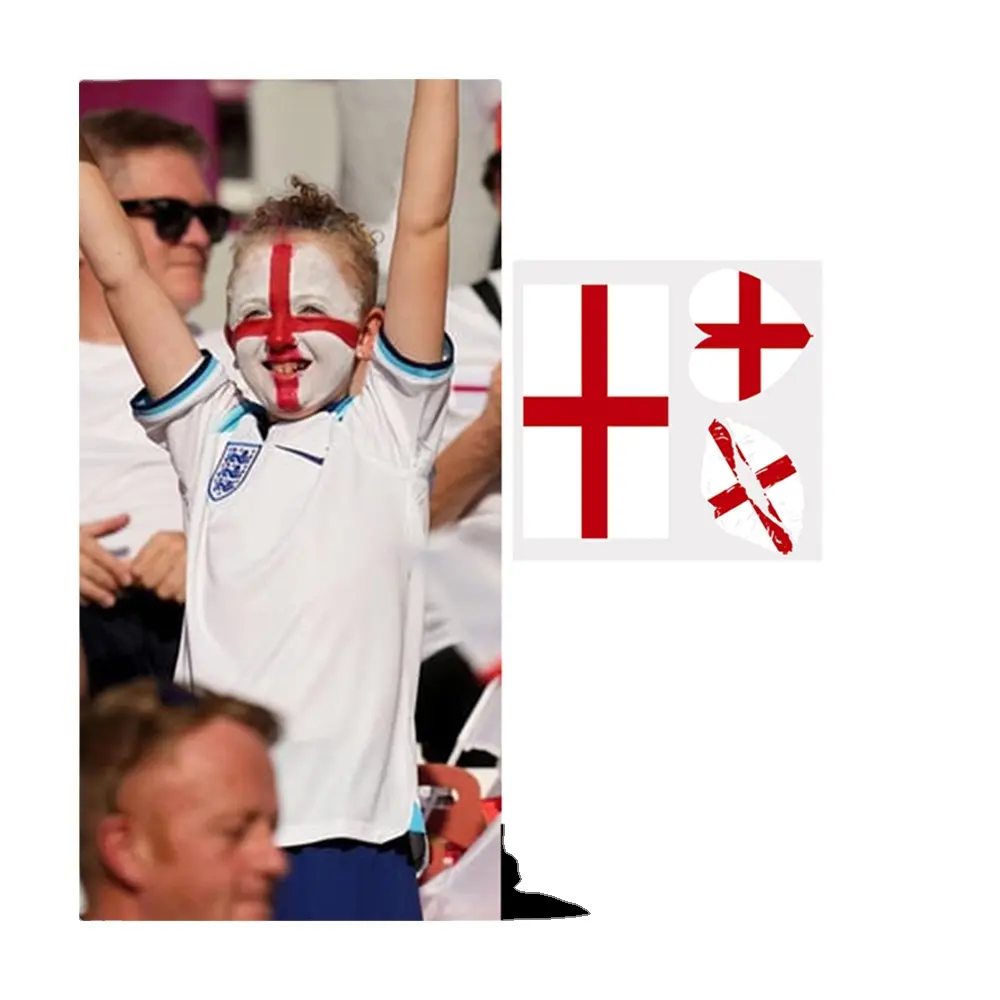 Inghilterra personalizza adesivi per il viso da parata per feste all'ingrosso tifosi di partite di calcio cheer flag adesivi per tatuaggi di alta qualità
