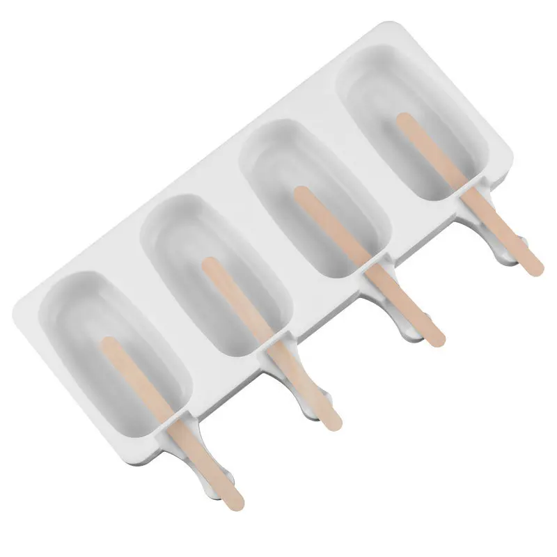 4 kavite Popsicle kalıpları buz Pop kalıpları silikon dondurma kalıp Oval kek Pop kalıp tahta çubuklar kapakları