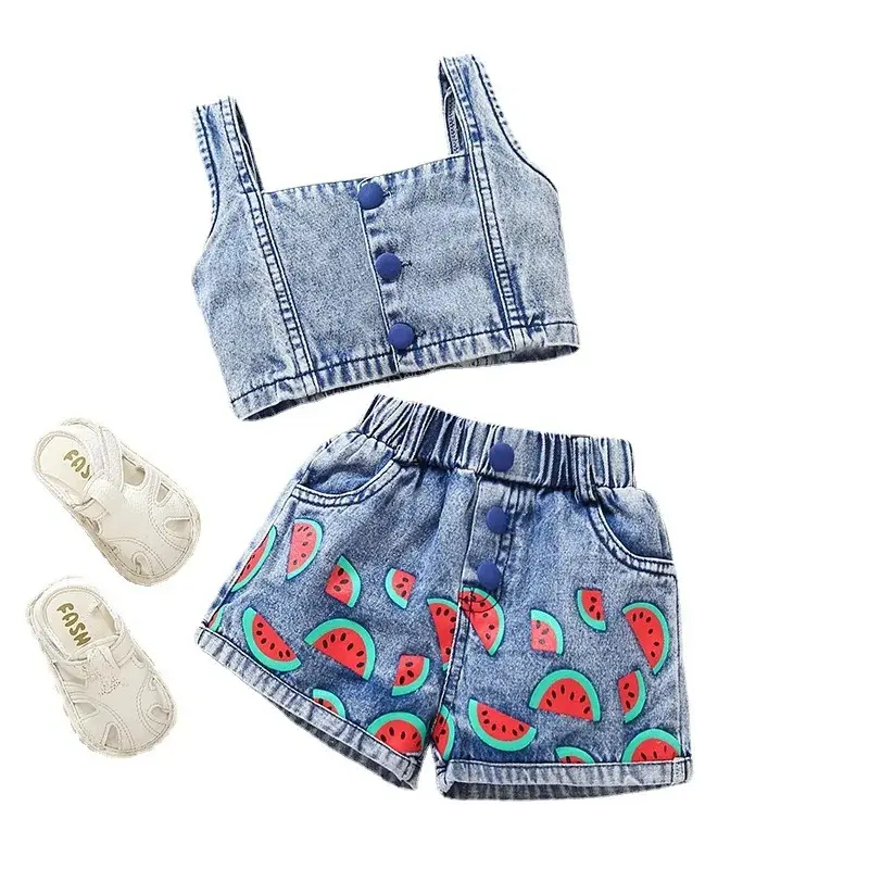 1-6Yrs bambini ragazze cocomero vestiti set gilet Denim top Shorts 2 pz estate per bambini ragazze abbigliamento completo