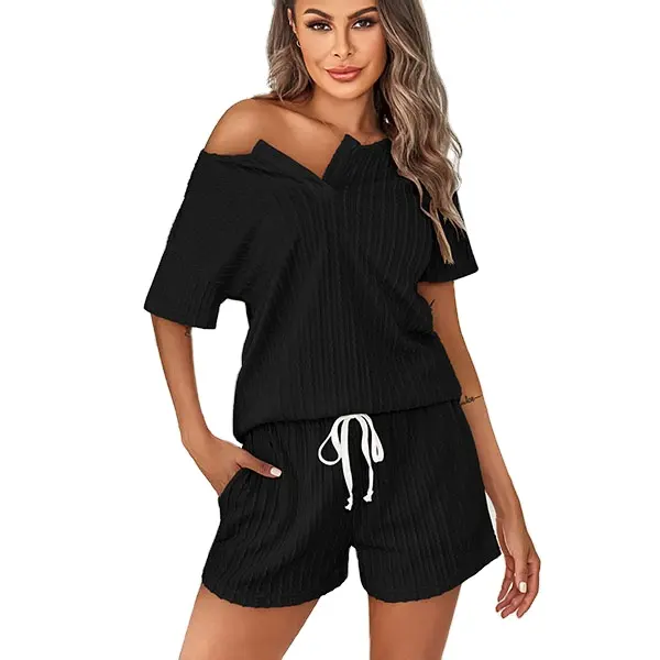 Venta al por mayor Loungewear Mujer Pijama 2 piezas Pijama Pantalones cortos Conjuntos pijama de punto acanalado Conjunto