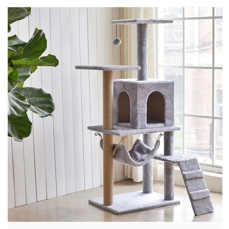 Fabricante al por mayor sisal corto de felpa estable gato árbol con hamaca escalera gato escalada marco