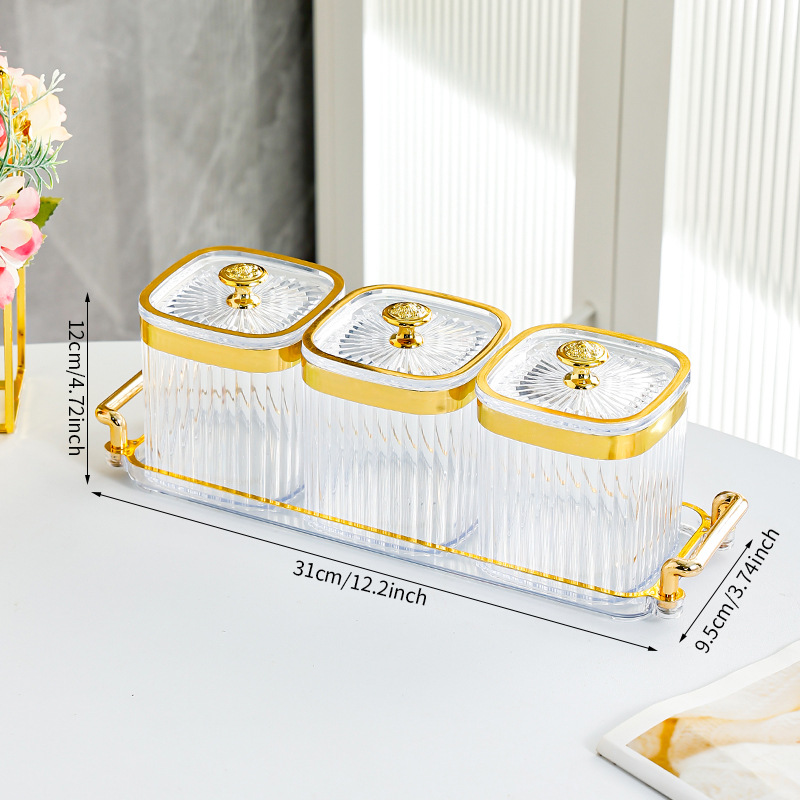 Transparent square jar with 3 compartments - T-shaped gold handle