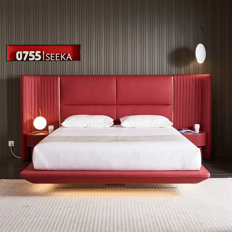 Furnitur kamar tidur pintar lampu LED, furnitur kamar tidur pintar ukuran King multifungsi dengan meja samping tempat tidur