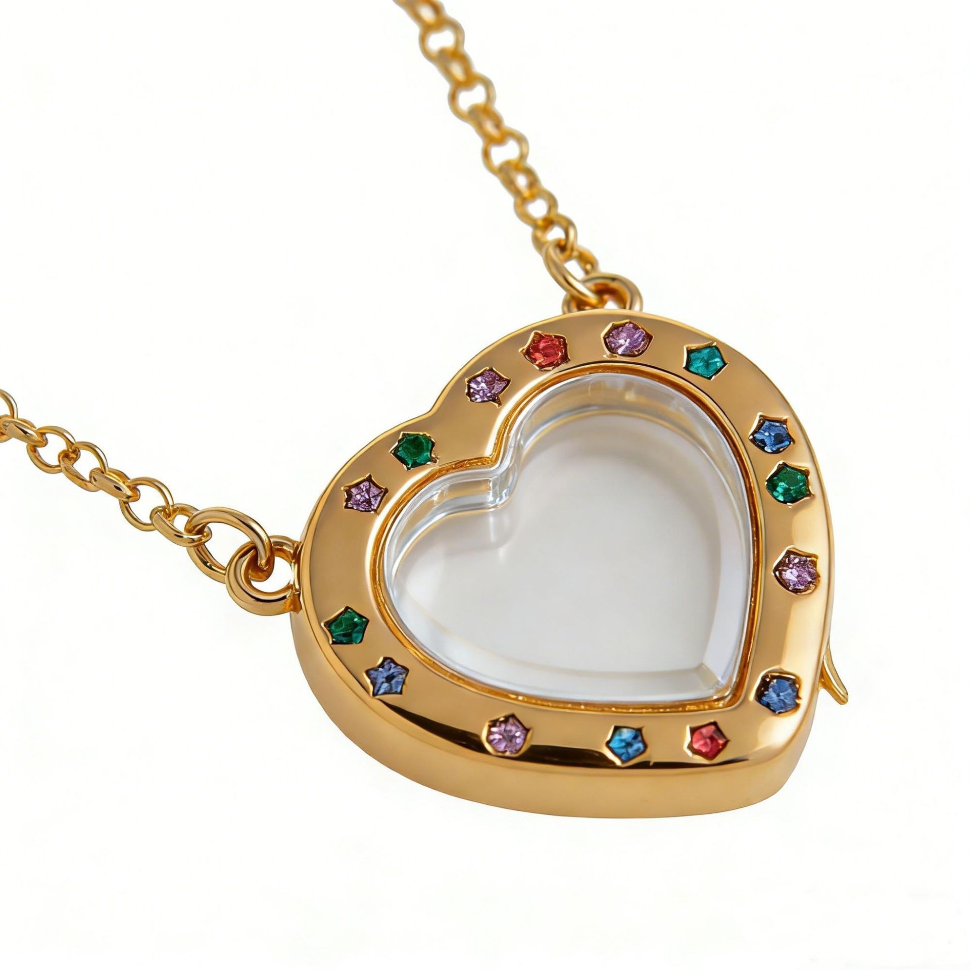 Collier boîte à photos en verre diamant coloré en forme de coeur