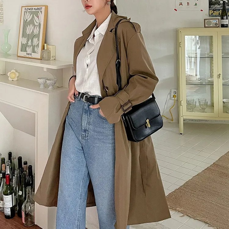 2022 Reife Frauen Hochwertige Modedesigner Trenchcoats Zweireihige Slant Pockets Belted Korean Long Trenchcoat