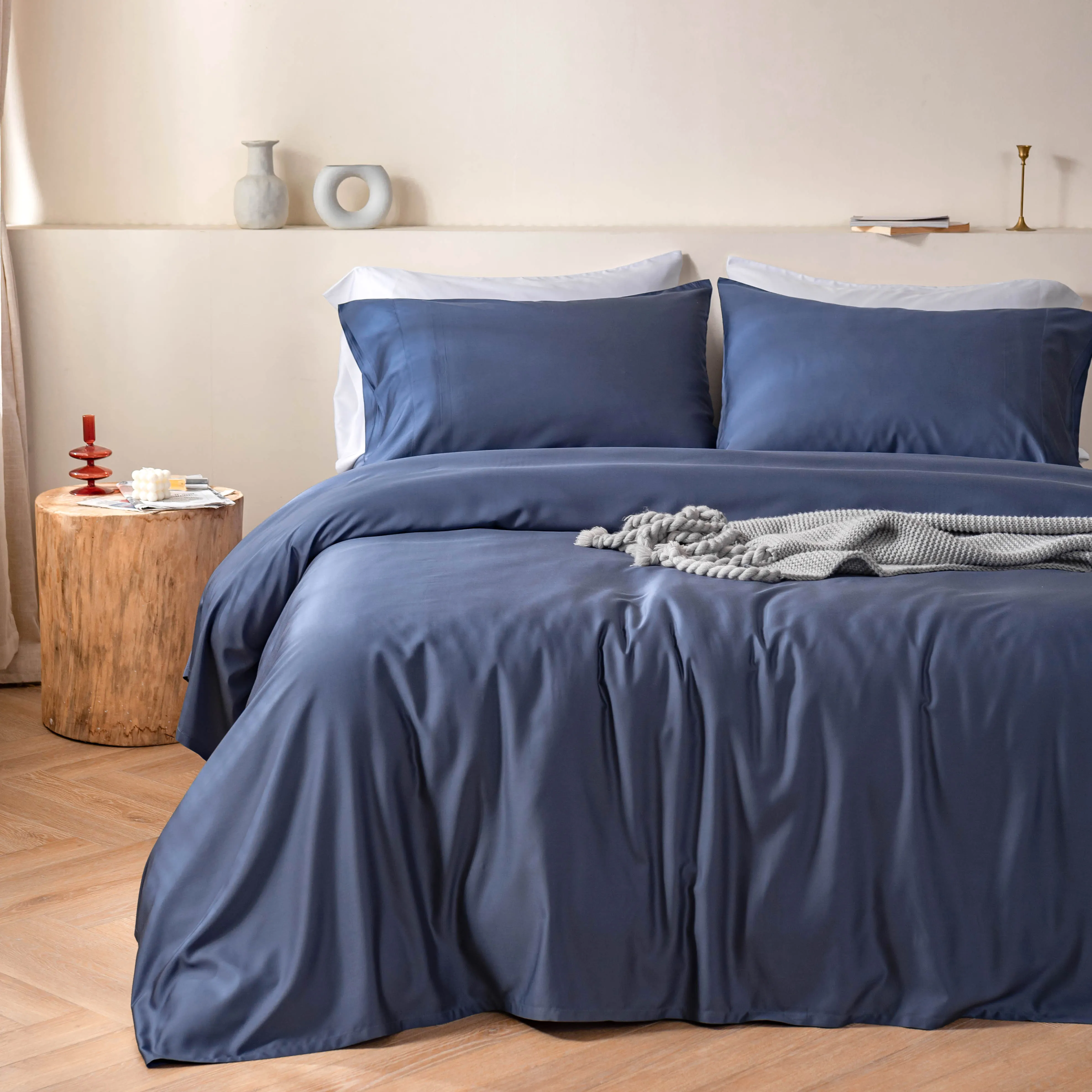 Drap de lit en bambou, 100% rayonne, bleu marine, gris clair, queen size, 4 pièces pour un ensemble, livraison gratuite