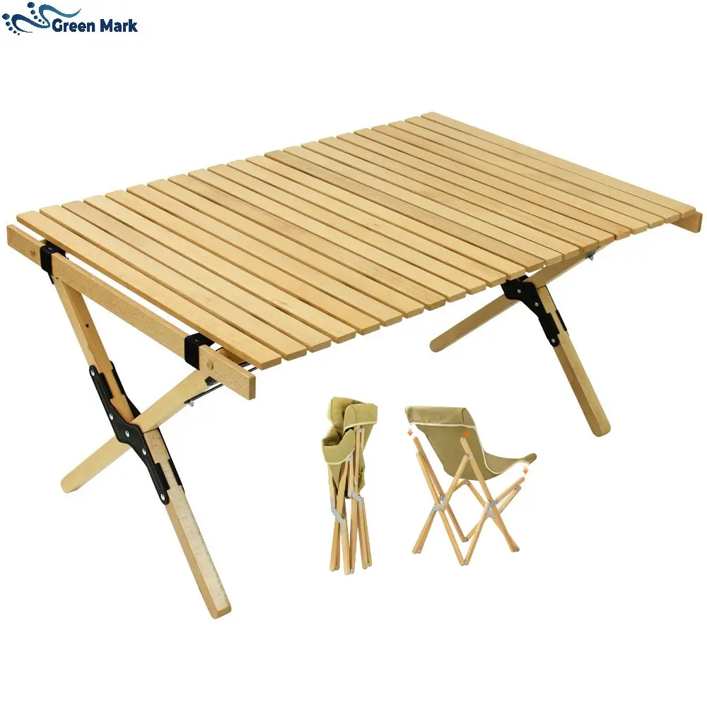 Personalizada al aire libre de Picnic barbacoa portátil fácil plegable rollo de madera superior de mesa plegable para acampar y sillas