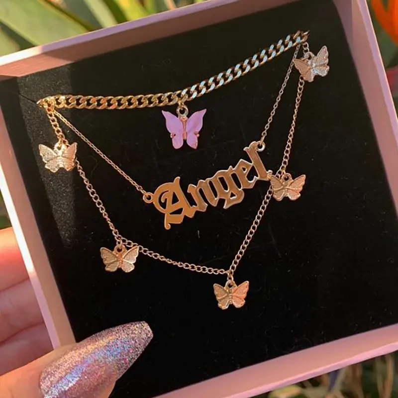 New Arrival Ins Necklace Multilayer Acrylic Butterfly Choker Necklace Charming Angel Metal Letter Gold Plated Necklace Women